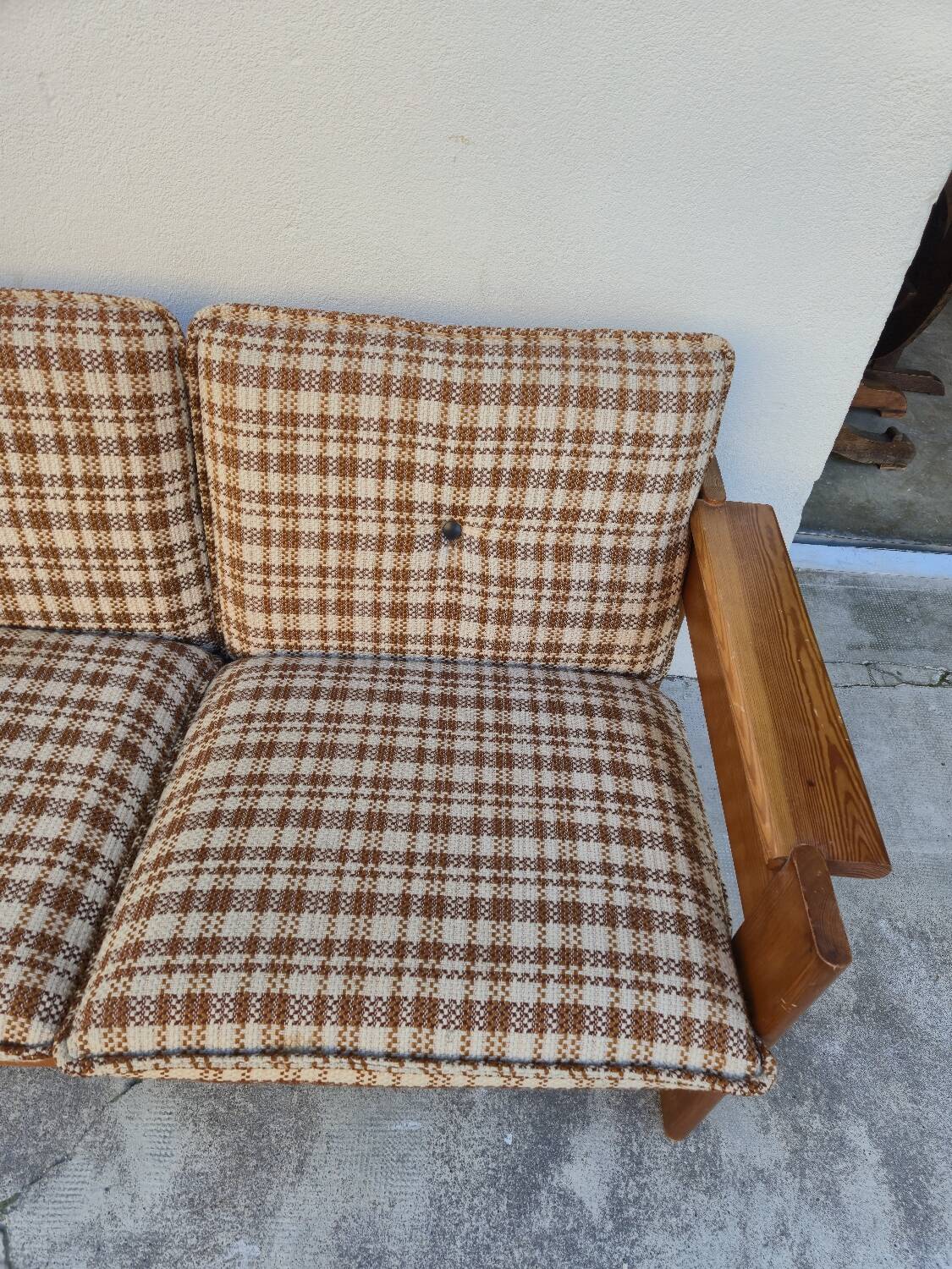 Vintage 3-seater pine sofa, Brutalist style, 1980s