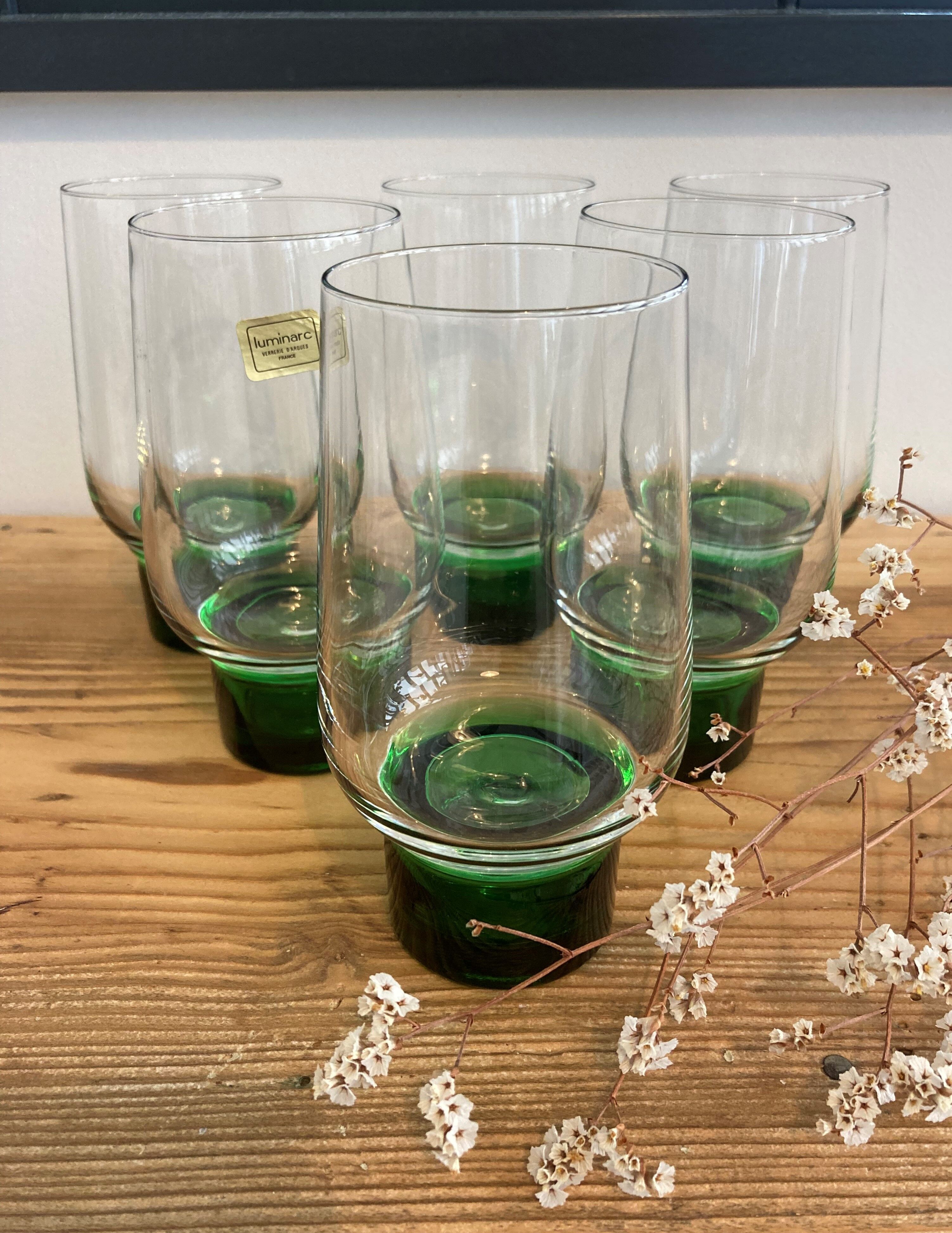 Set of 6 large Luminarc green foot glasses