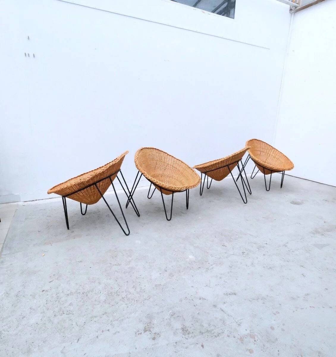Set of 4 rattan and metal armchairs, France 1950