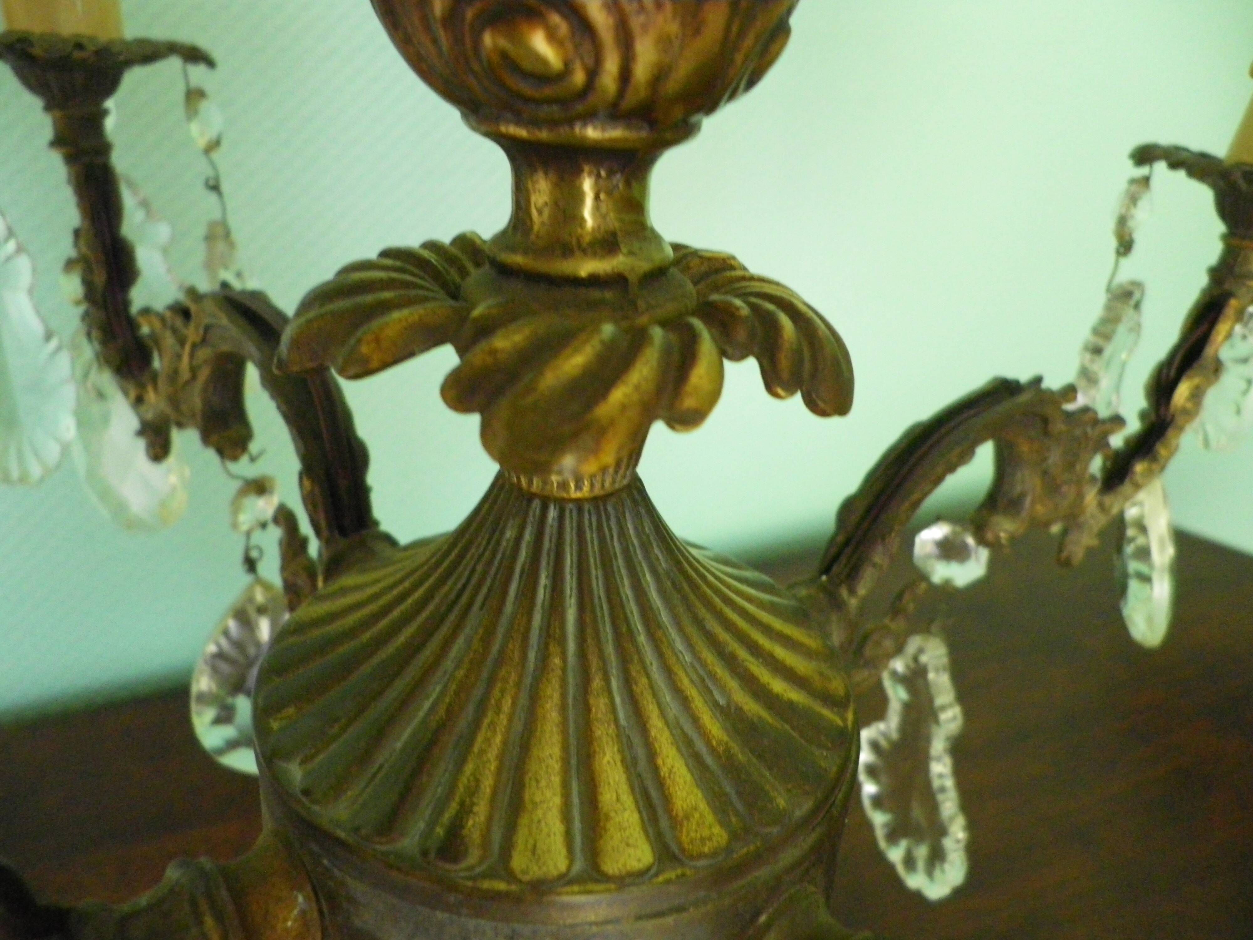 Rococo chandelier with crystal pendants, 4 lights, brass and metal 1950/1960