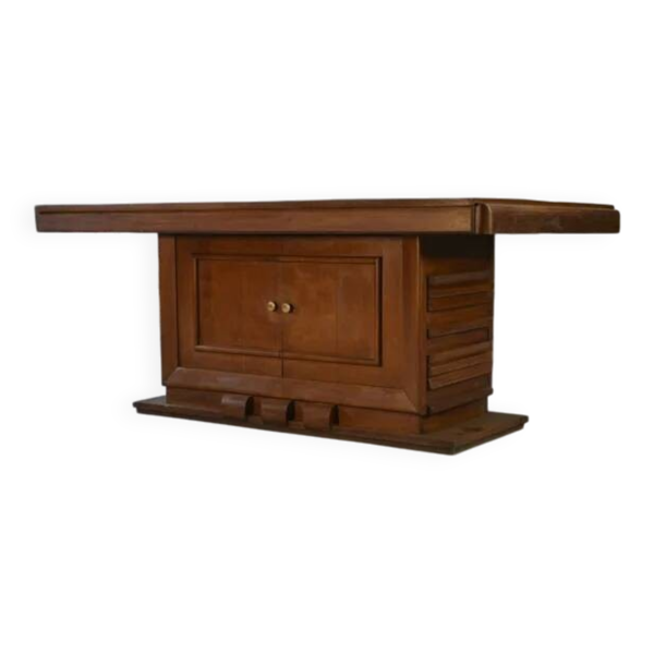 Table en chêne massif piètement central avec rangement Charles Dudouyt 1950’s