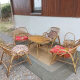 4 armchairs and a coffee table made of rattan and bamboo wood, vintage.