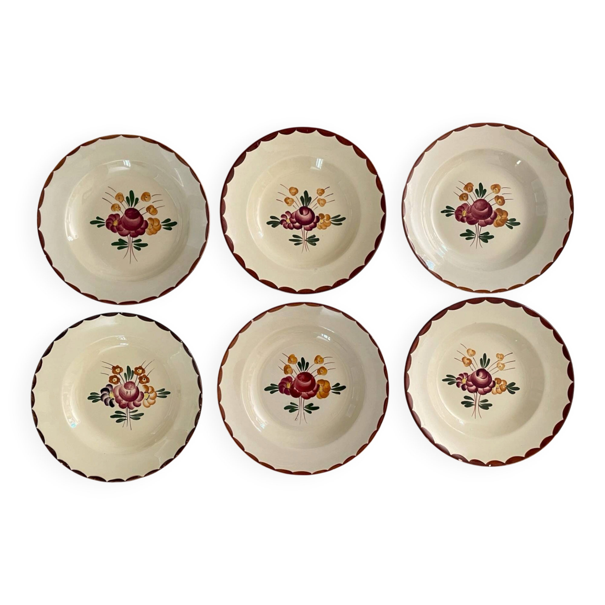 6 assiettes creuses anciennes en faïence de Longchamp