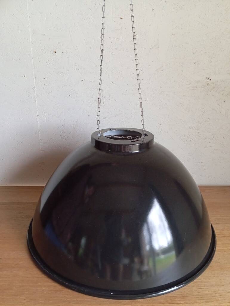 Set of 10 large industrial enamelled metal pendants.