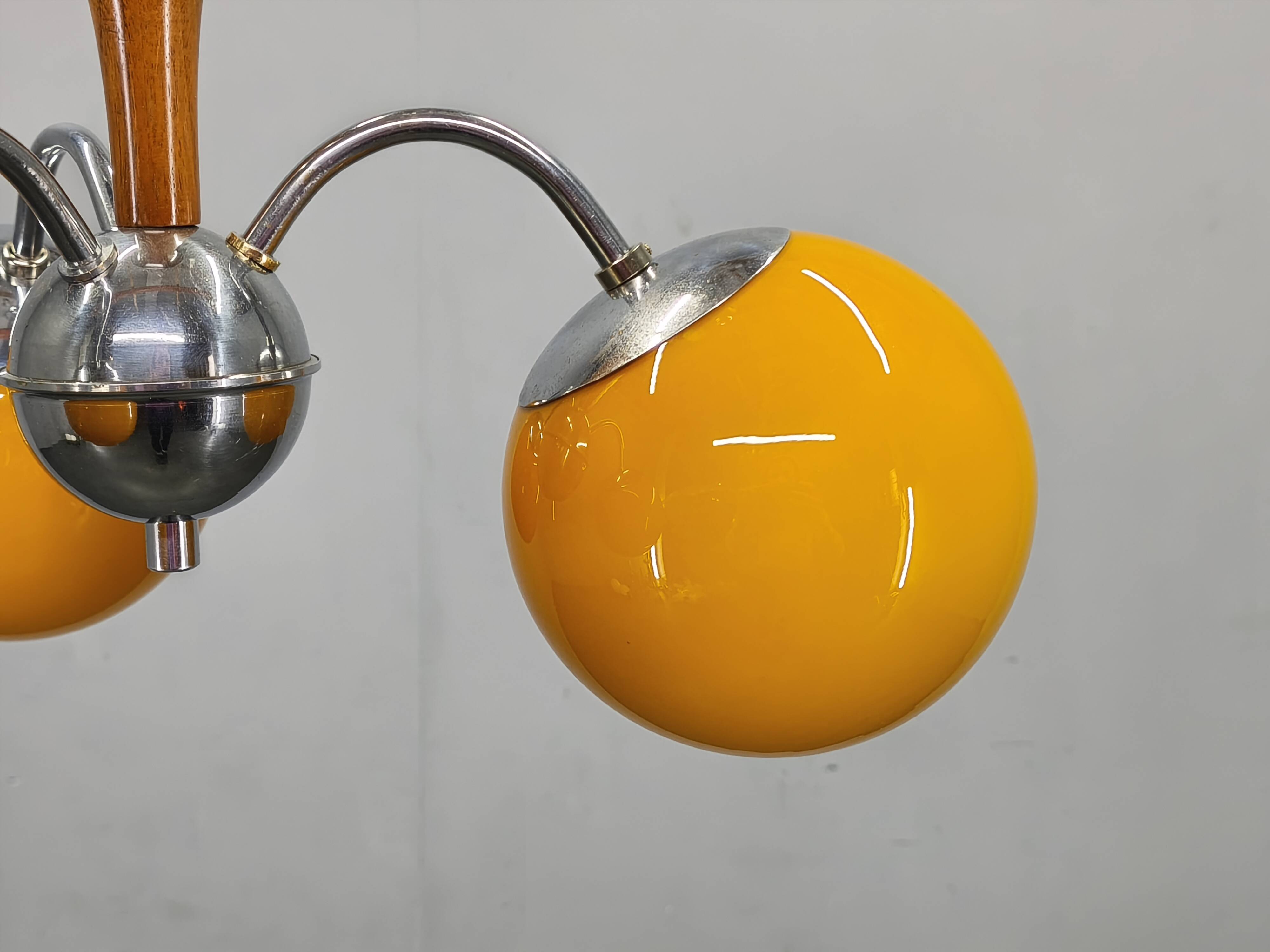 Bauhaus Chandelier with Colored Glass Globes, Czechoslovakia, 1930s