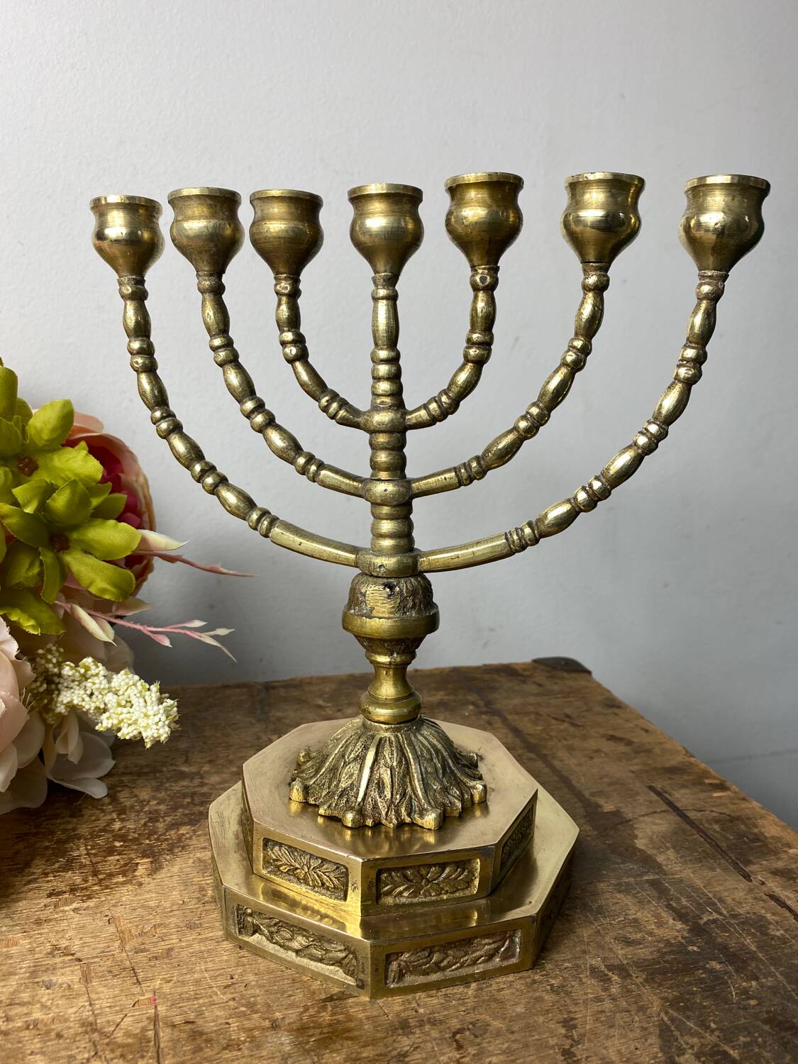 Candlestick, Seven-branched Menorah in brass