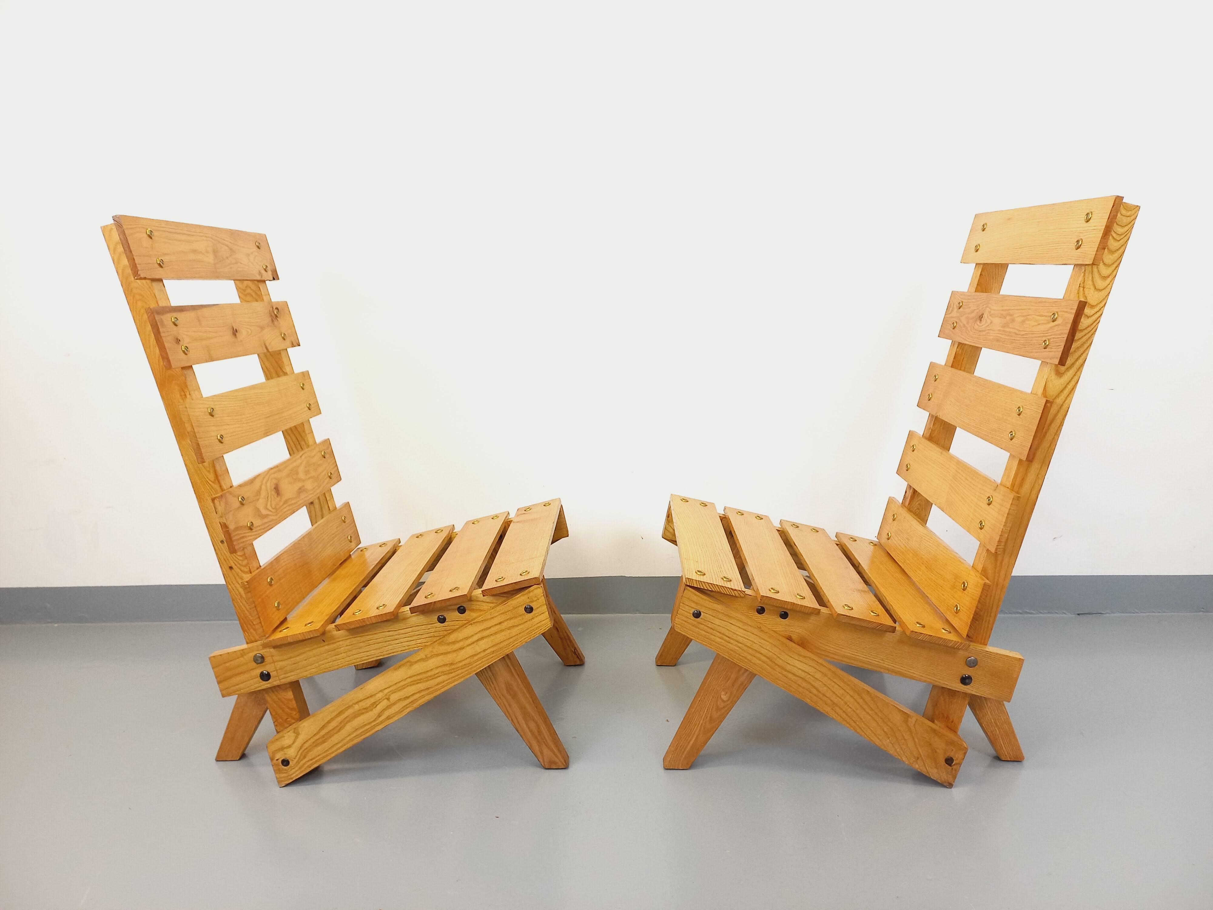 Pair of Vintage Brutalist Slatted Wood Lounge Chairs