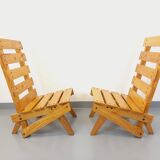 Pair of Vintage Brutalist Slatted Wood Lounge Chairs