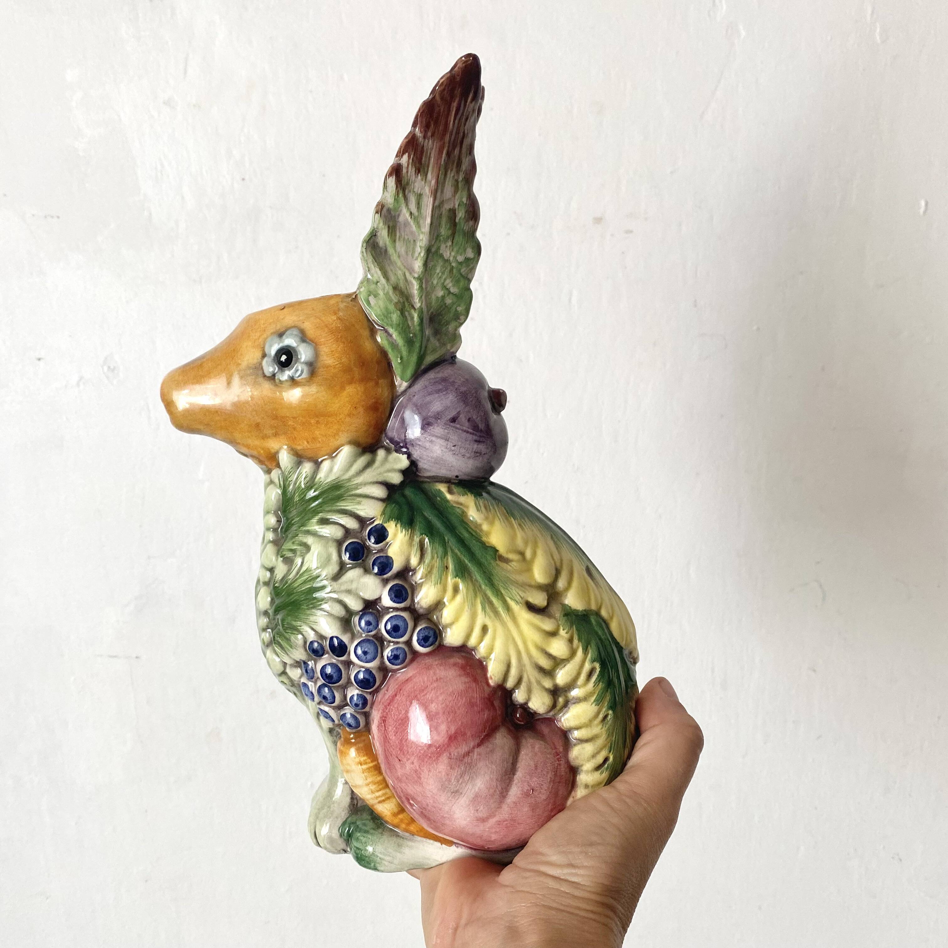 Italian barbotine pitcher Rabbit and fruits