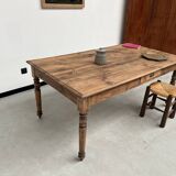 Antique farm table from the 1950s, with 3 drawers and turned legs