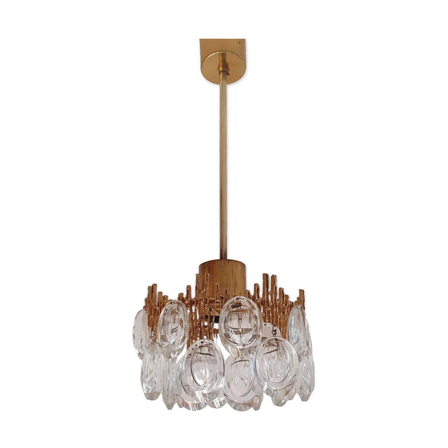 Small brass brutalist chandelier with crystal stamps