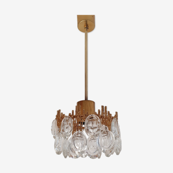 Small brass brutalist chandelier with crystal stamps