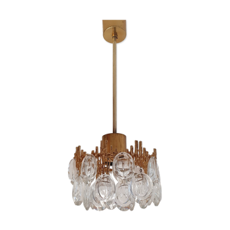 Small brass brutalist chandelier with crystal stamps
