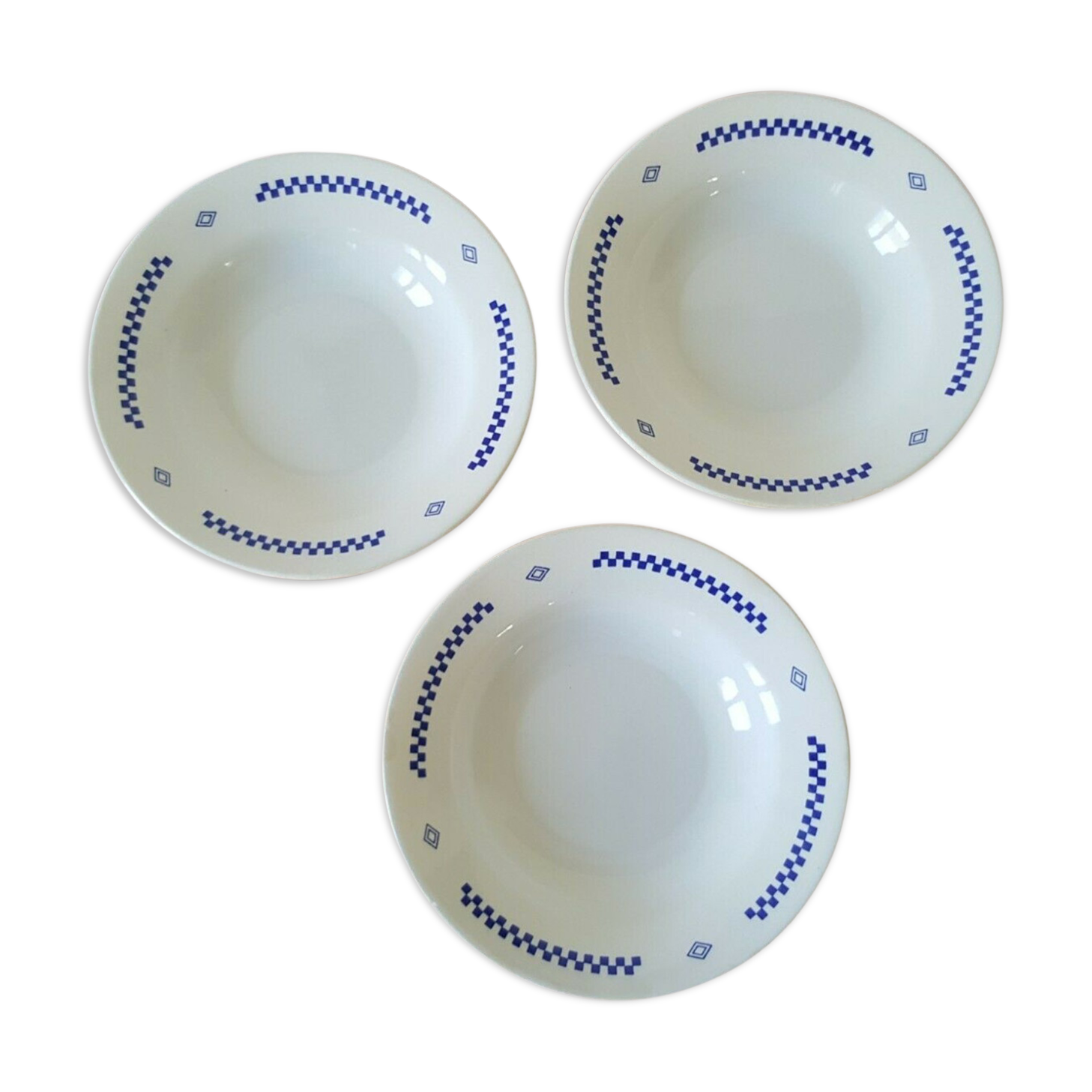 Hollow plates in earthenware Lustucru décor vintage checkerboard blue tiles