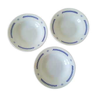 Assiettes creuses en faïence Lustucru décor vintage damier bleu carreaux