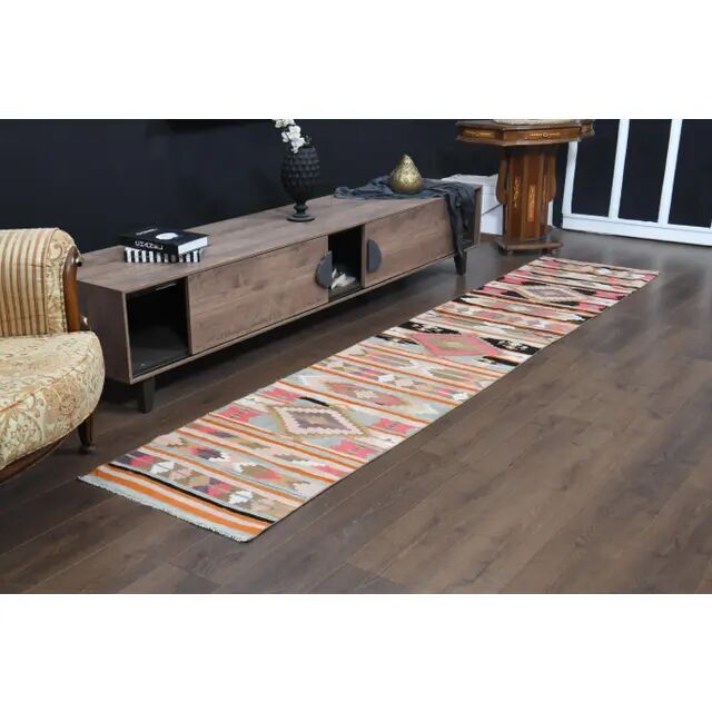 Vintage Turkish Oushak Handmade Wool Cotton Pink Runner Rug 69x333