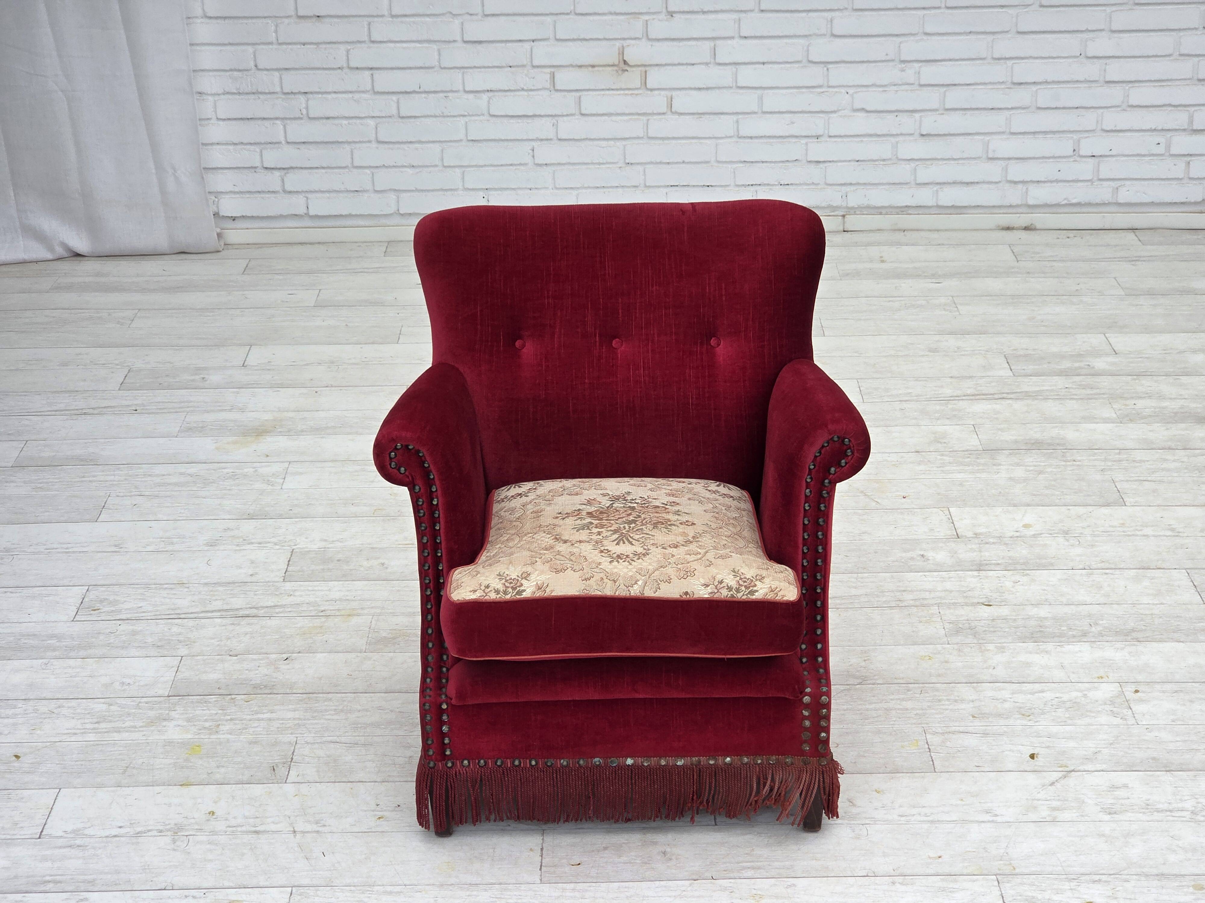 1970s, Danish armchair, red furniture velour, ash wood.