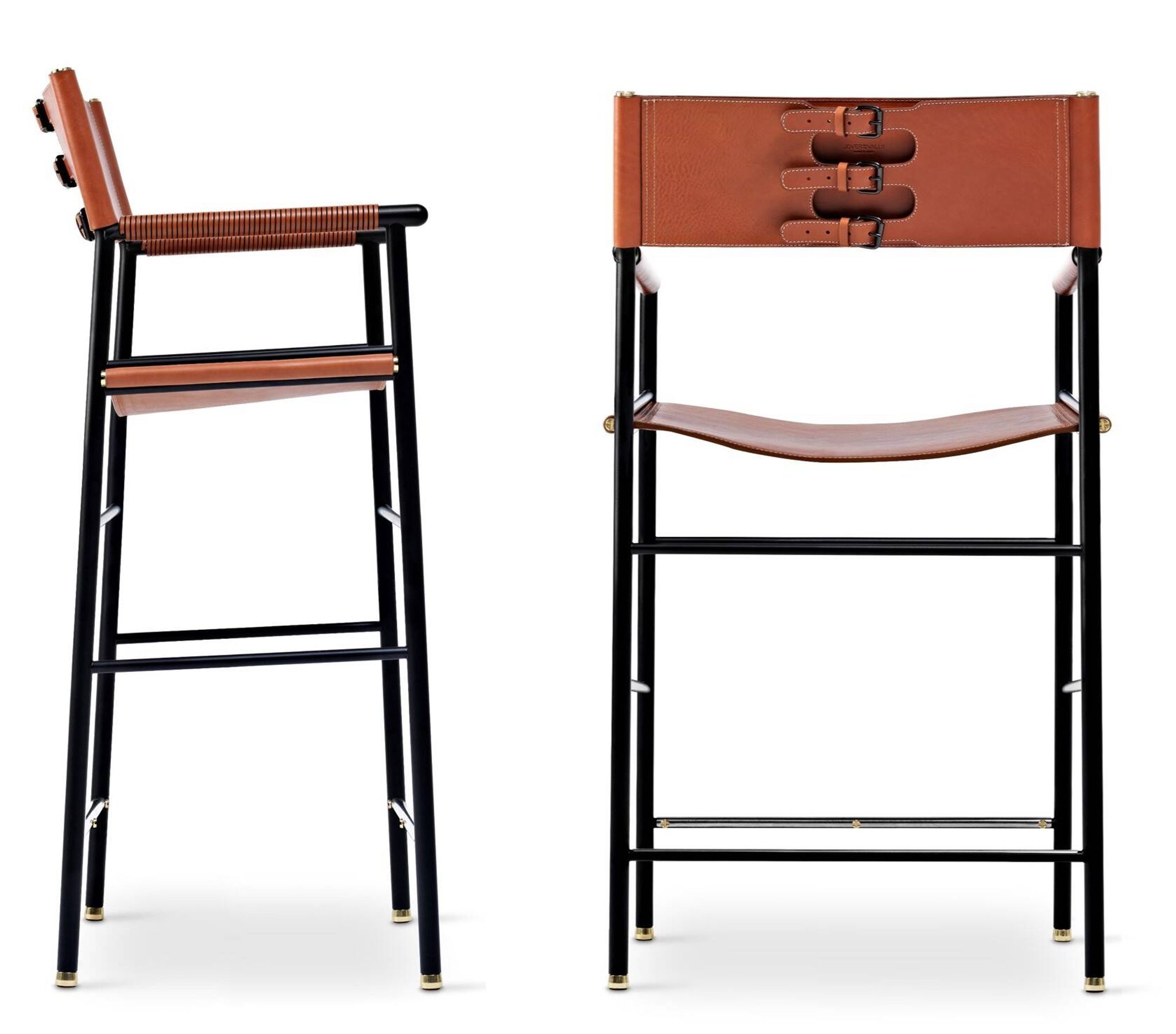 Paire de tabourets de bar avec dossier, couleur tabac et métal noir