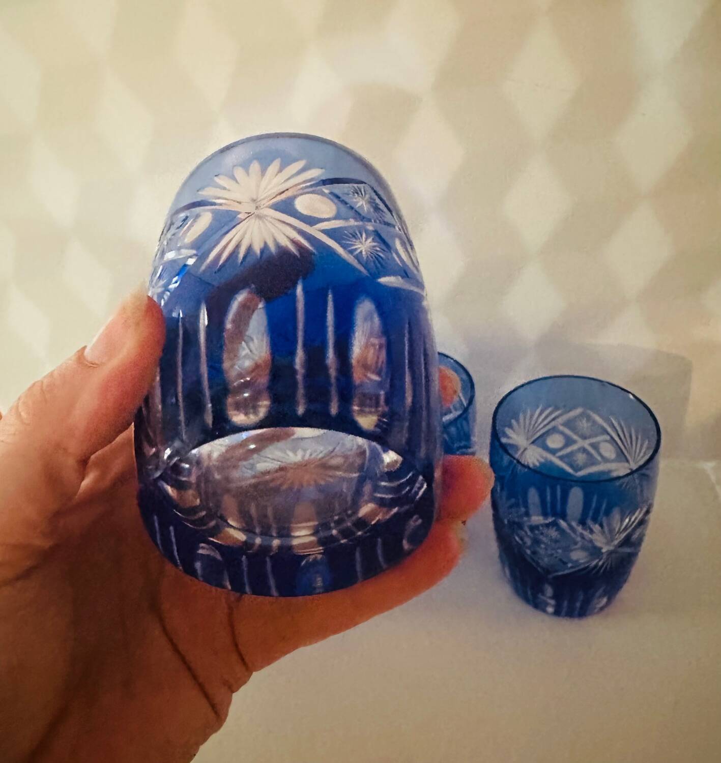 4 antique blue crystal glasses