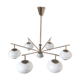 Brass chandelier and 6 white streaked glass globe lights