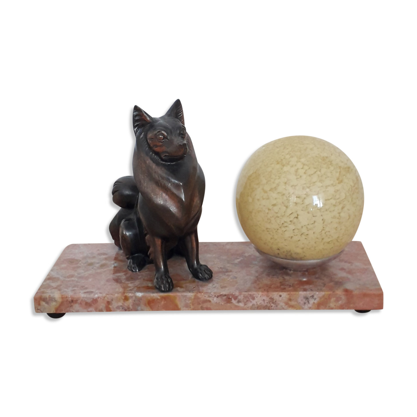 Old Lamp Art Deco - Dog regulates on marble base - Globe glass of Clichy - 1940