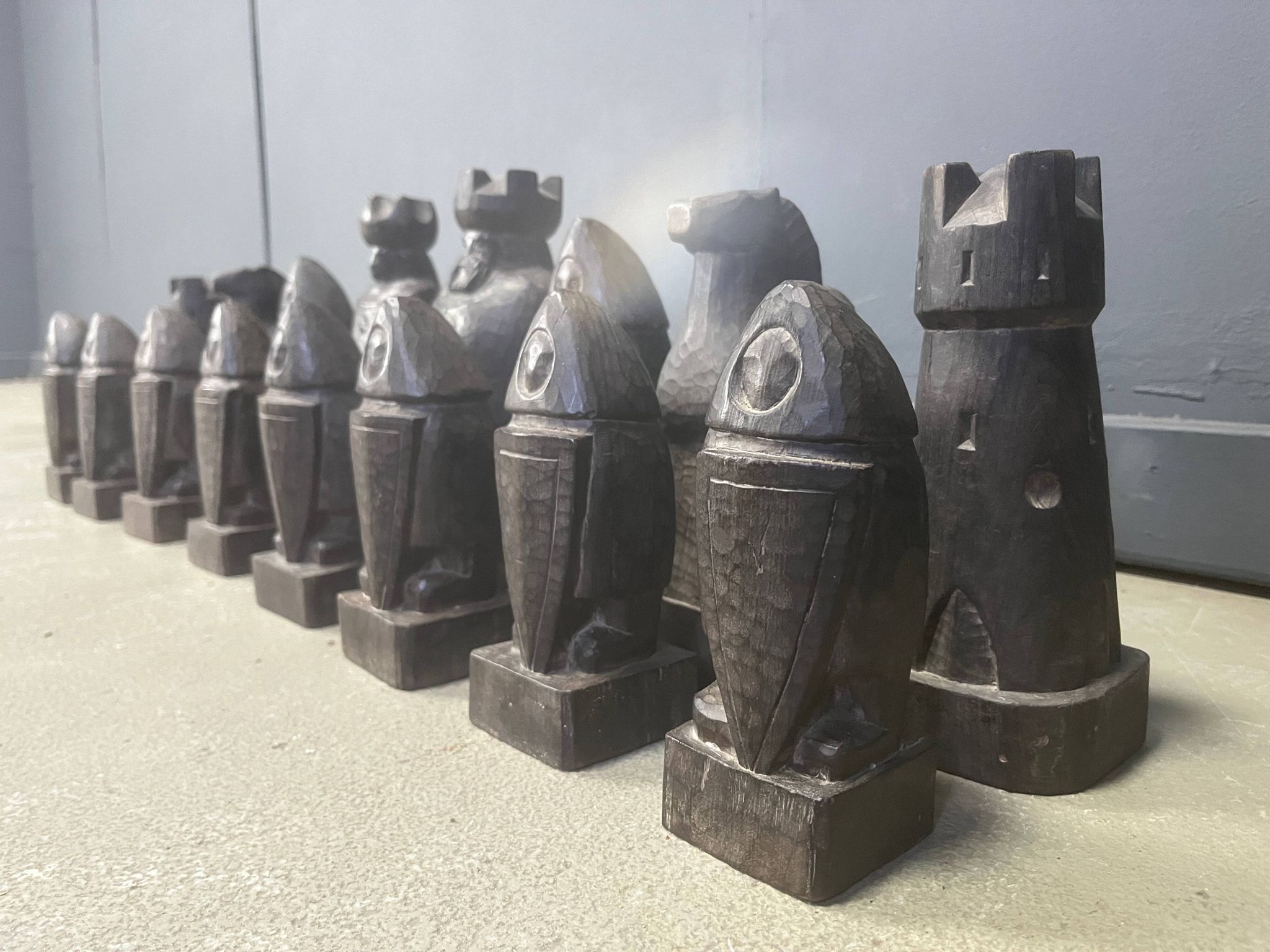 Large hand crafted wooden chess figure set, 1960s