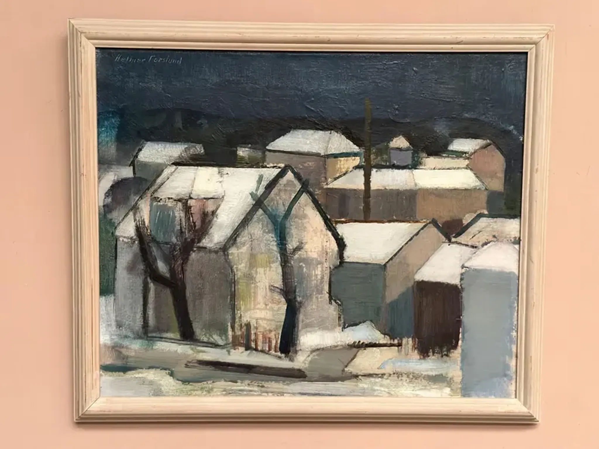 Original Swedish Oil on Canvas – "Winter Night in the City" by Helmer Forslund – Signed – Vintage and Framed – 45 × 37 cm (17.7" × 14.6")