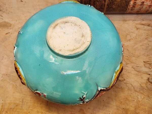 Antique Français Jardinière Barbotine Art Nouveau Style Japonais Oiseau et Éventail