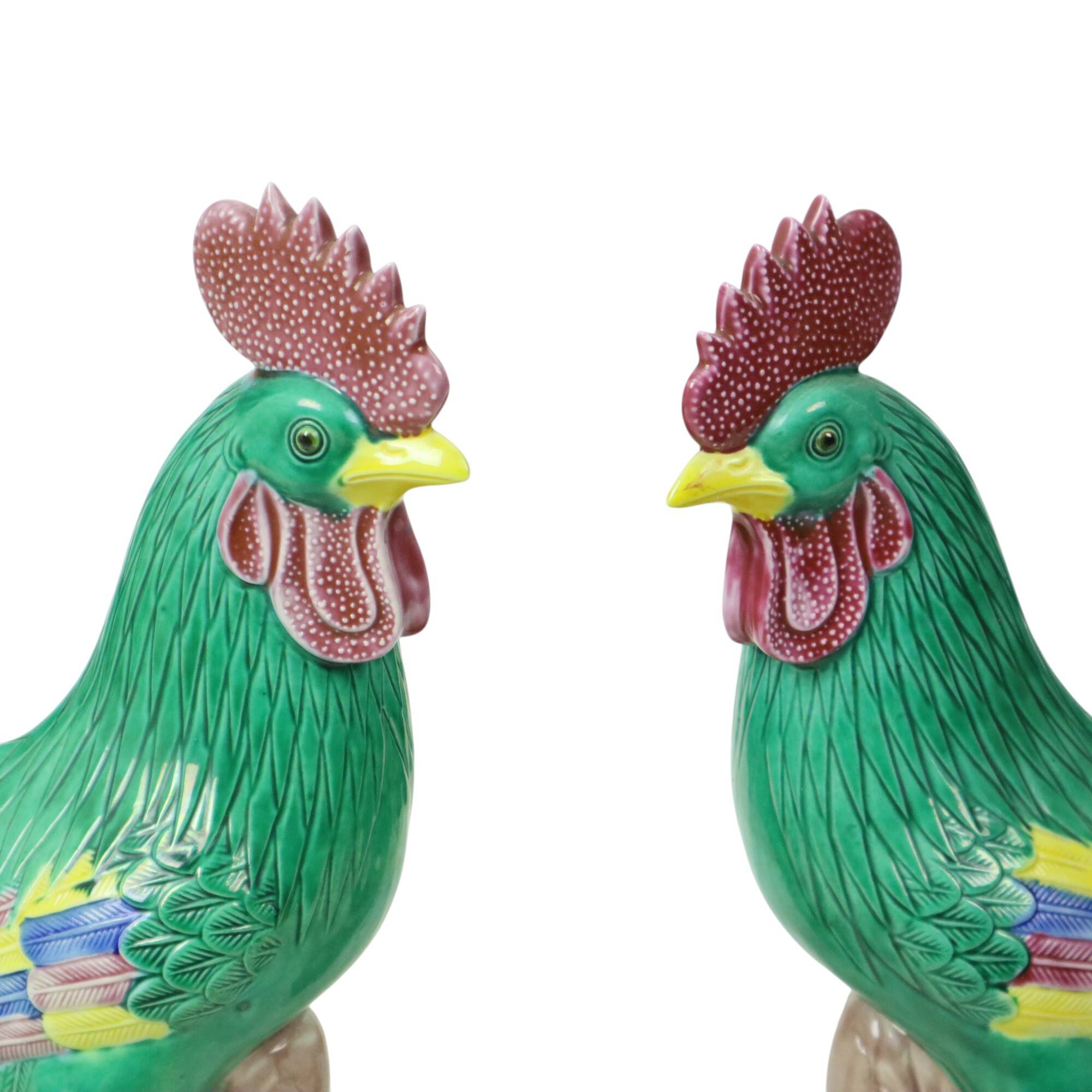 Pair of Glazed Polychrome Roosters Chinese Porcelain 34cm