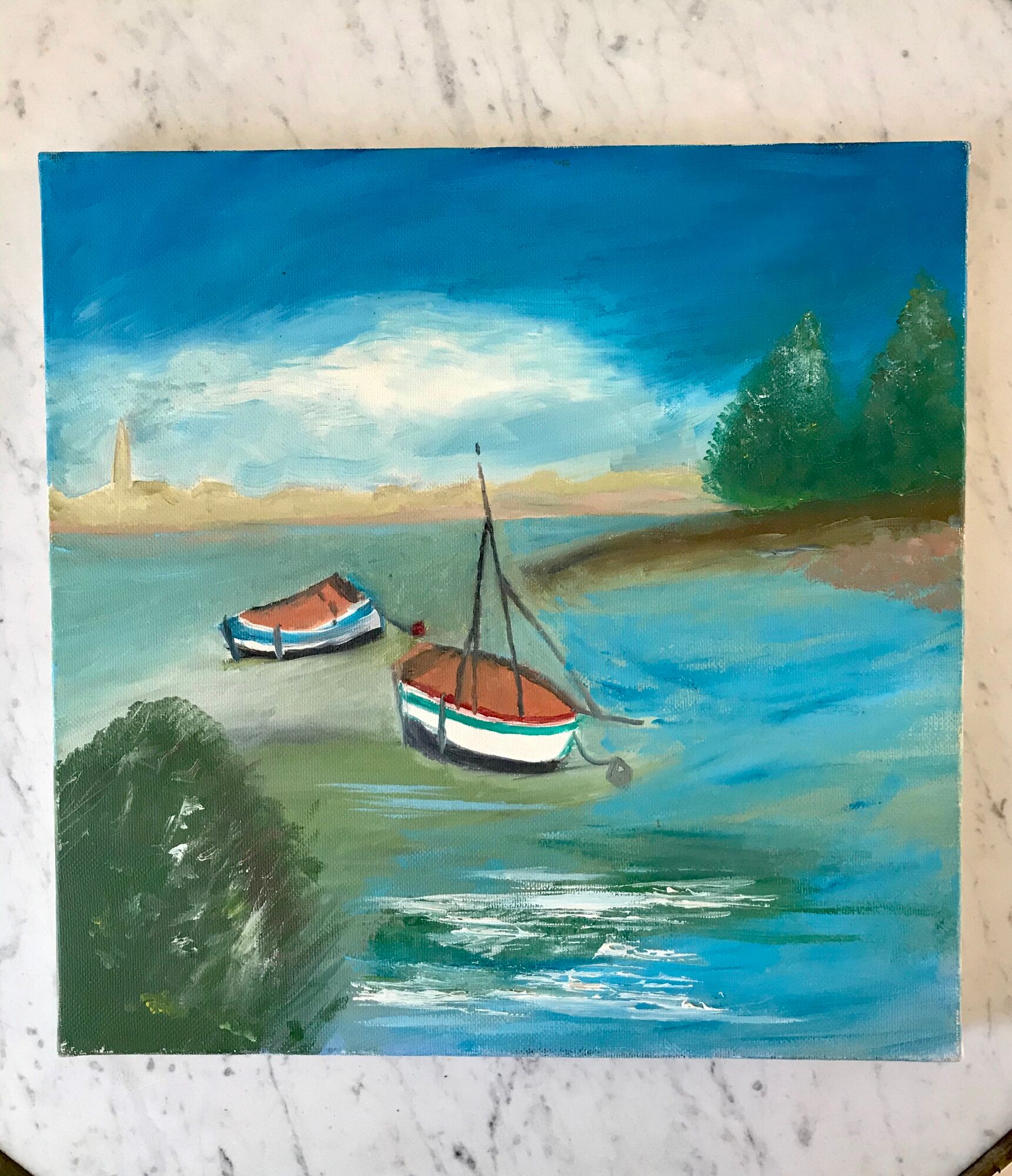Oil painting on canvas landscape sea and vintage sailboats