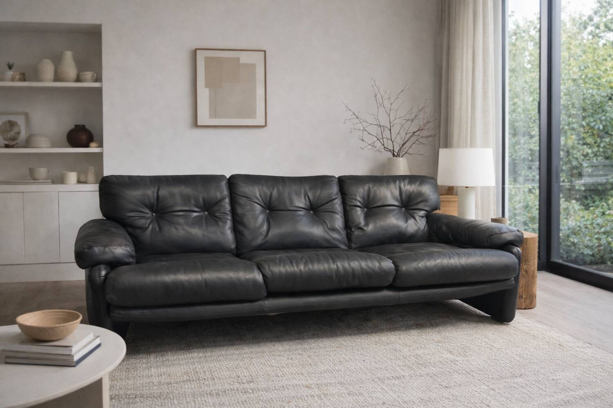 Black leather 3-seater sofa – Tobia Scarpa for B&B Italia