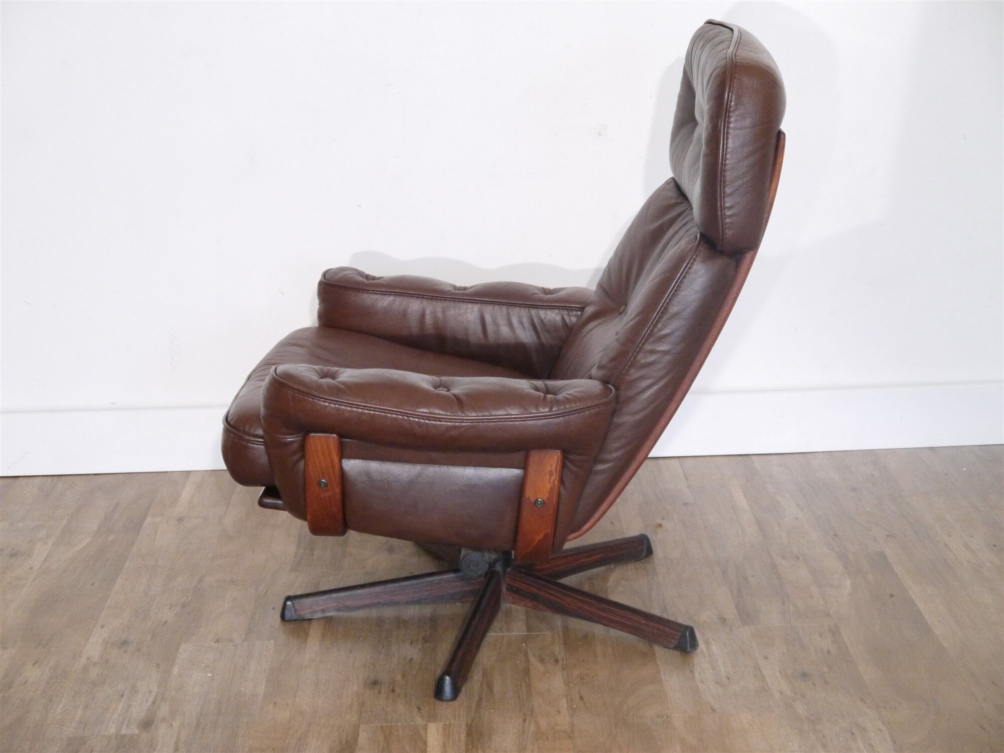 Armchair vintage Scandinavian lounge leather with ottoman 1970