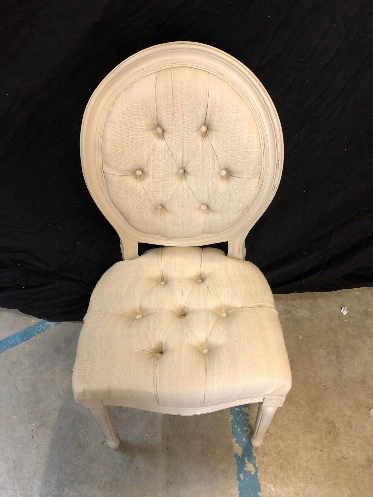 Louis xvi medallion style chairs patinated wood & beige updaped fabric