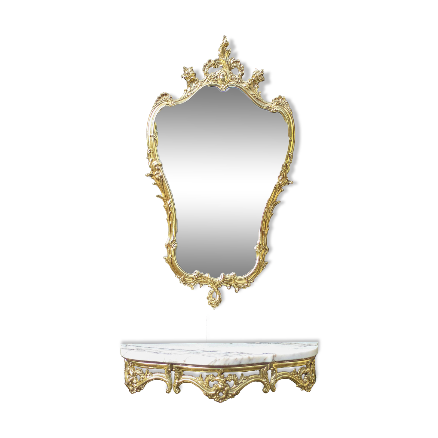 Console and its vintage mirror, brass and marble wall console, rococo style brass mirror