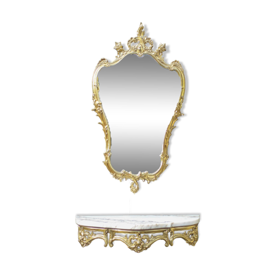 Console et son miroir vintage, console murale laiton et marbre, miroir laiton style rococo