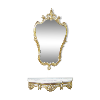Console et son miroir vintage, console murale laiton et marbre, miroir laiton style rococo