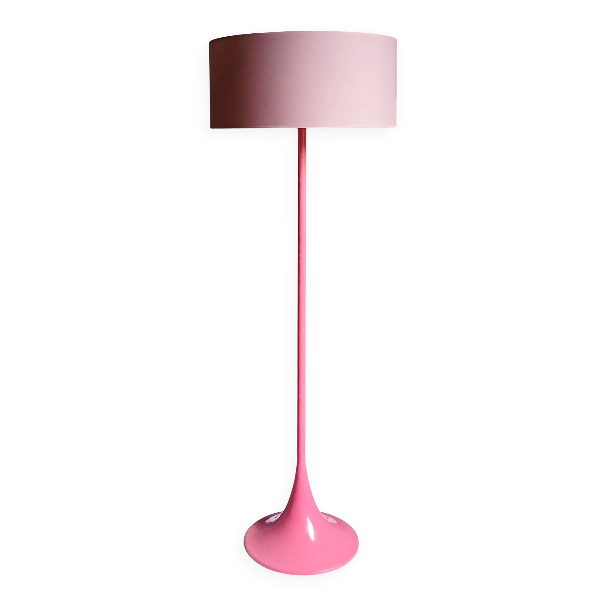 Tulip foot floor lamp in pink lacquered metal & cylindrical shade. 80's