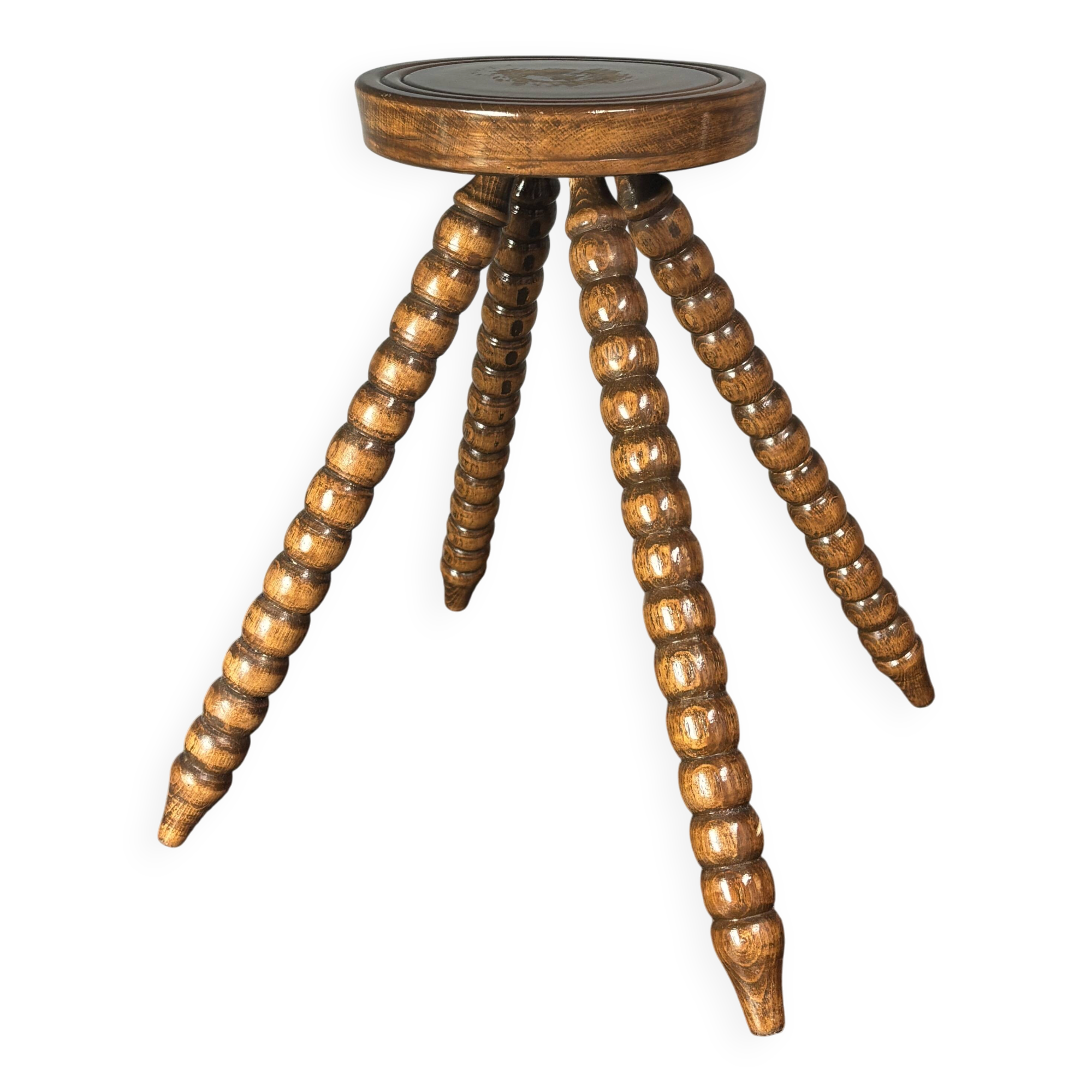 Midcentury bobbin wood turned farm house stool, France ca 1960s