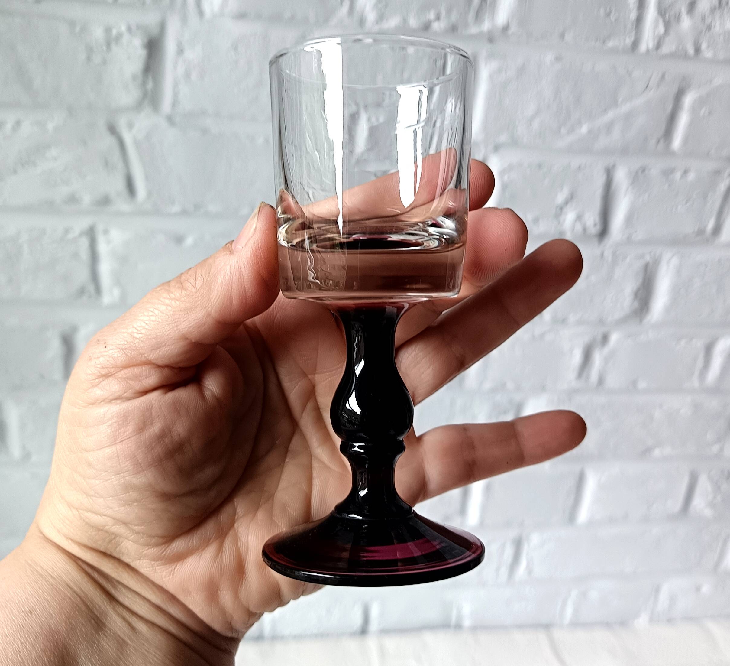 6 antique aperitif glasses, vintage plum-footed glass