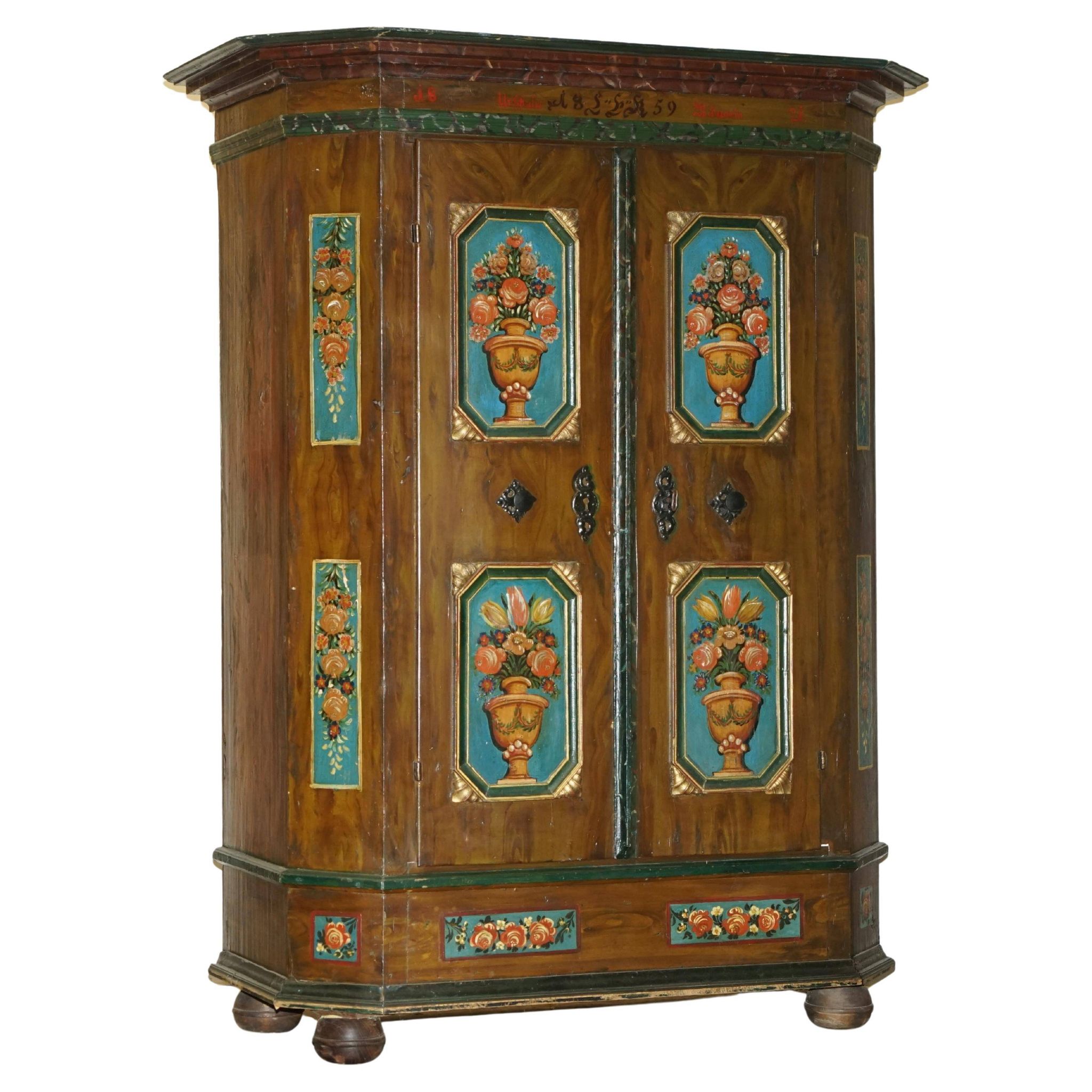 Armoire de mariage allemande peinte à la main, ancienne, 1829-1851