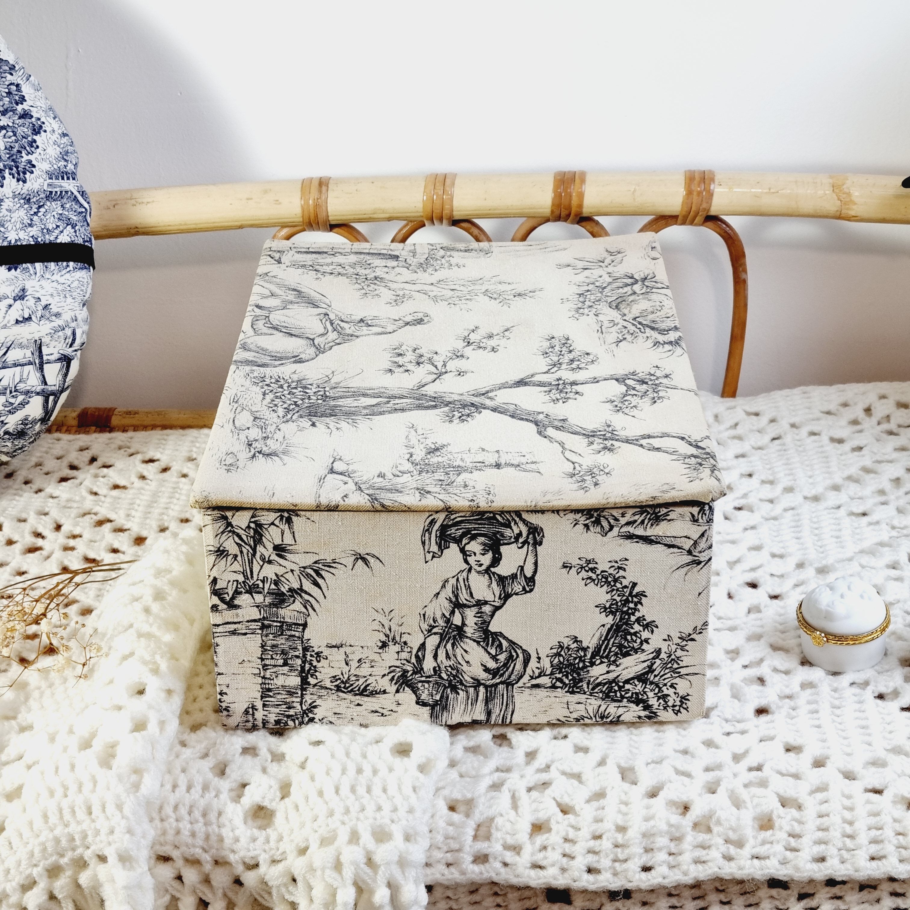 Large antique box made of toile de jouy