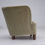 1970s, Danish armchair, original green furniture velour, oak wood.