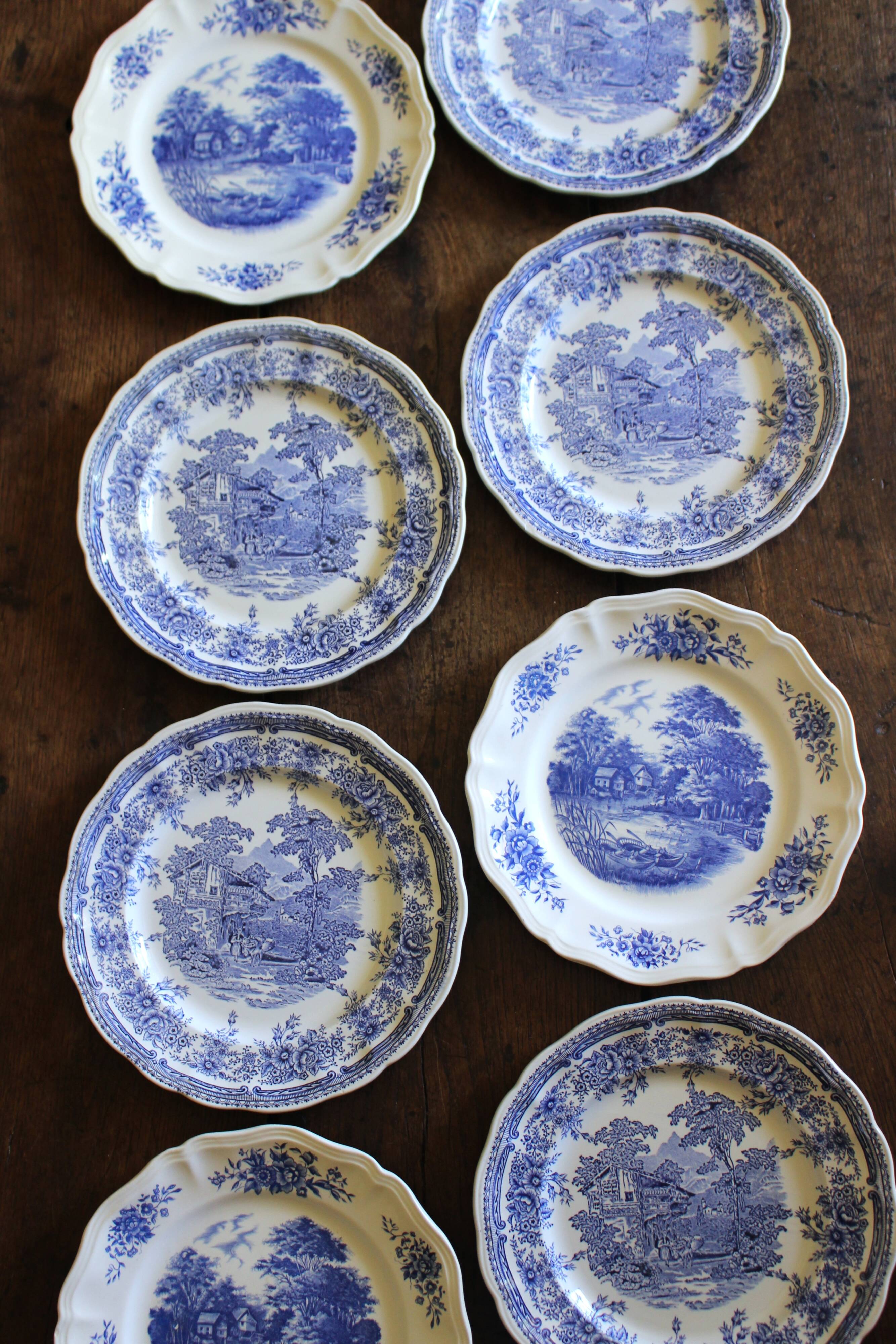 8 romantic blue Lunéville Sarreguemines dinner plates