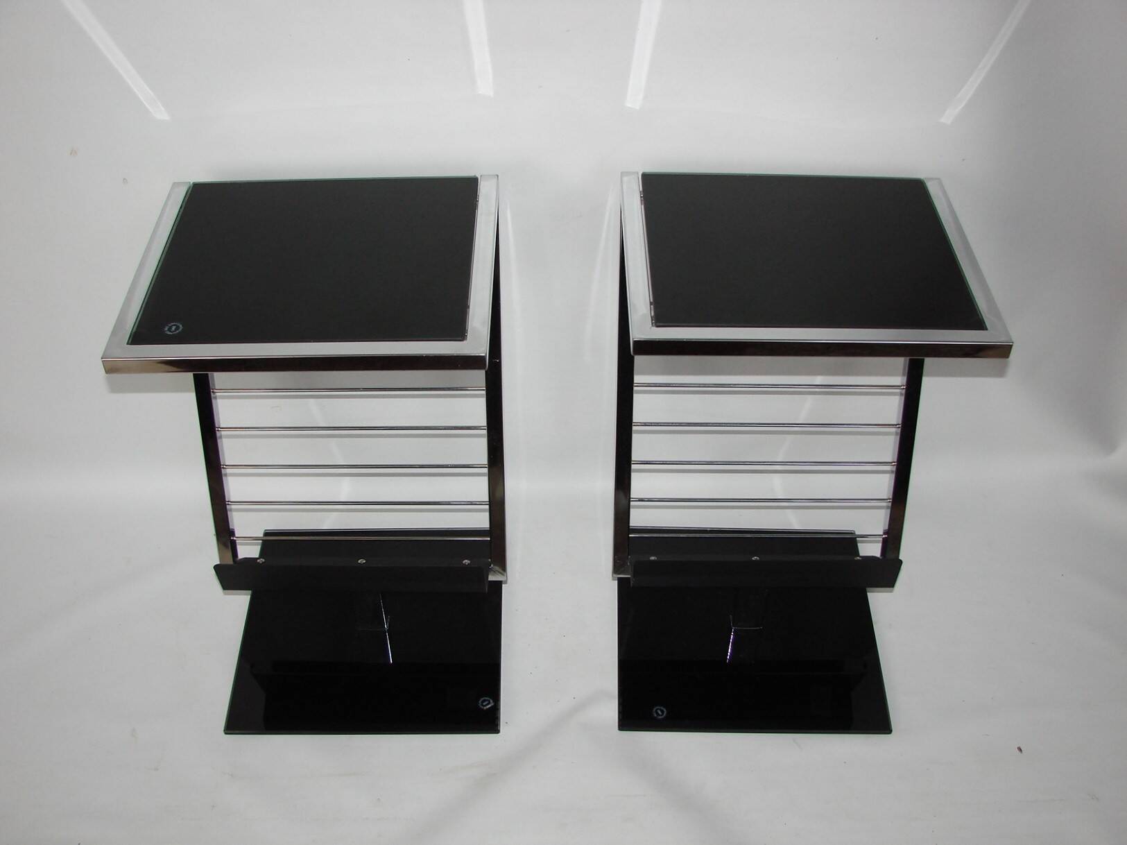 2 side tables, bedside tables in black glass and chrome metal, 1980