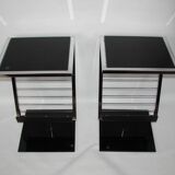 2 side tables, bedside tables in black glass and chrome metal, 1980