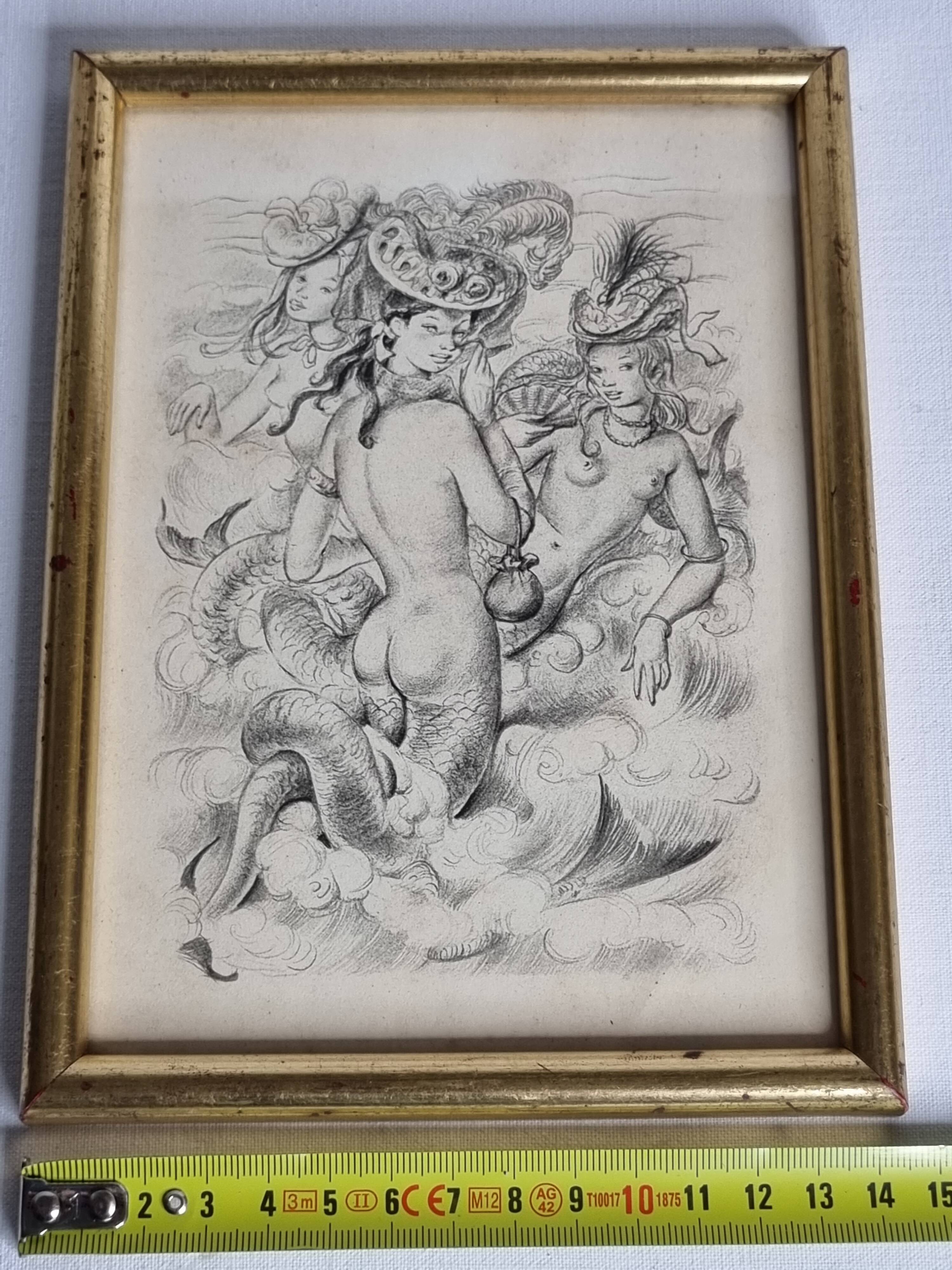 Engraving "Sirens" attributed to Suzanne Ballivet, framed under glass, 19 x 14 cm