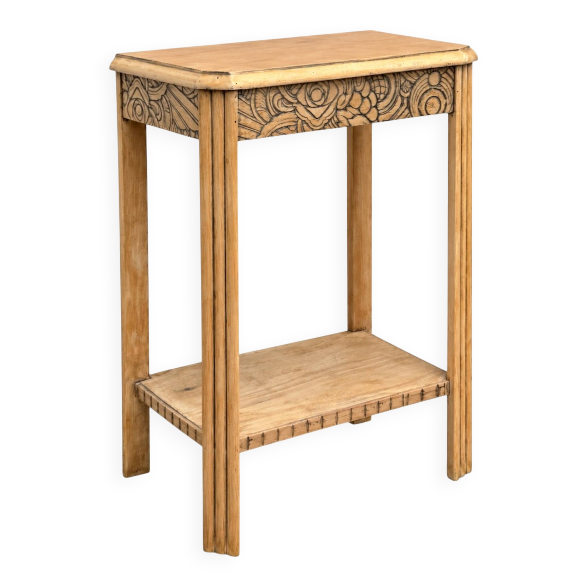Art Deco console in raw wood with floral decoration, renovated 1930.