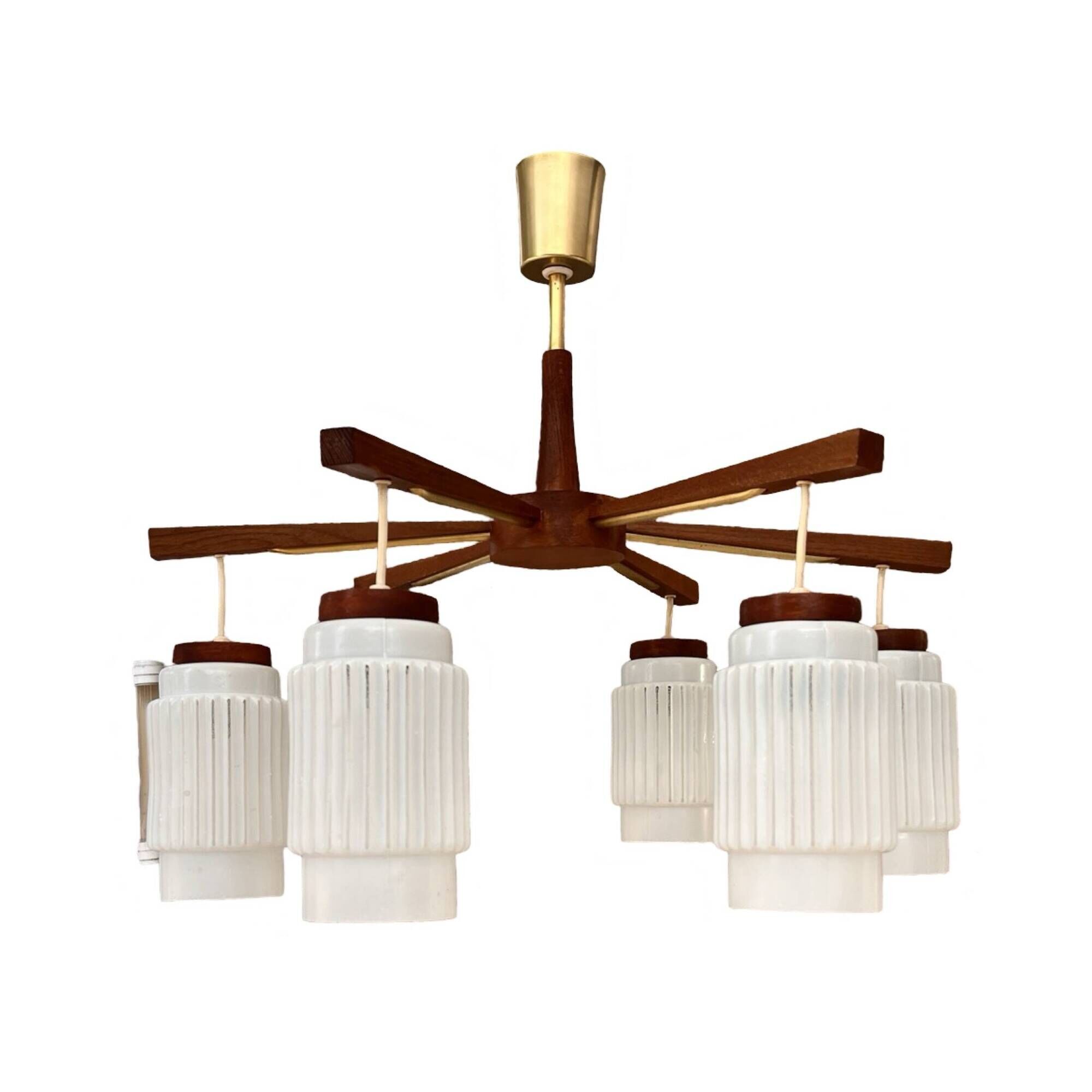 Scandinavian six-arm chandelier made of teak wood, Denmark, 1970s.