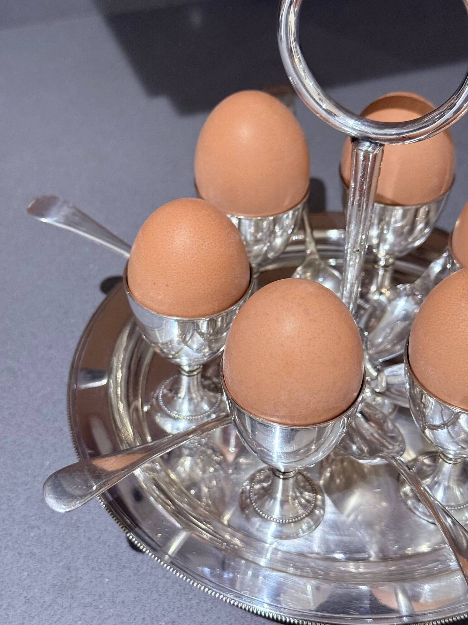 Antique Silver Egg Coddler Stand Holder Set Of 6 Egg Holder With 6 Silver Spoons