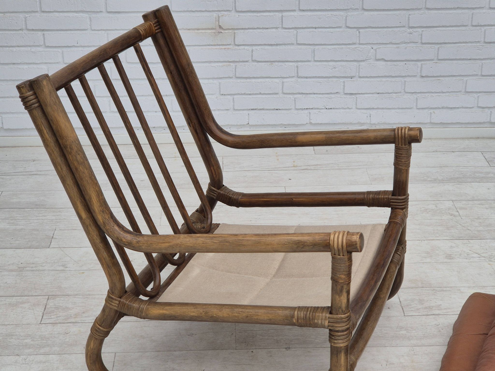 1970s, Scandinavian armchair, original very good condition, bamboo, leather.